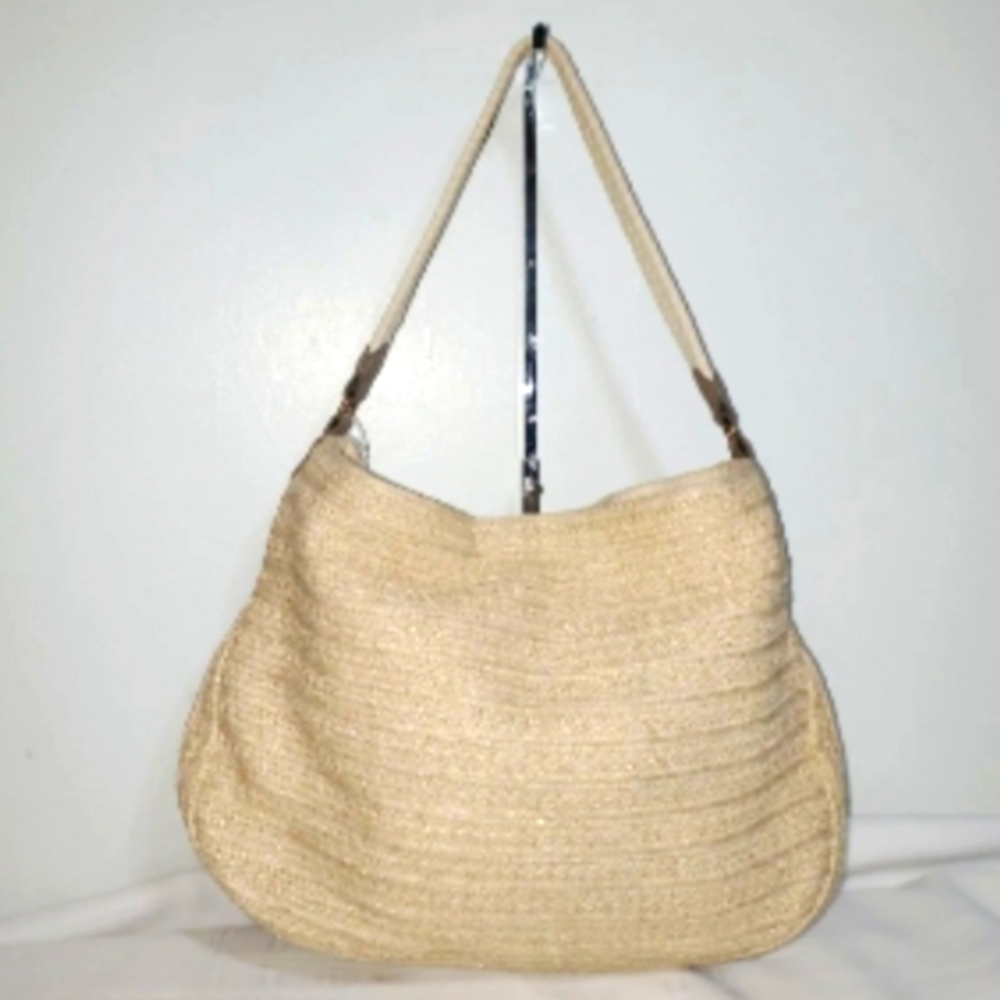 Stella &Dot Metallic Gold and Creme Faux Straw Shoulder Bag Like New